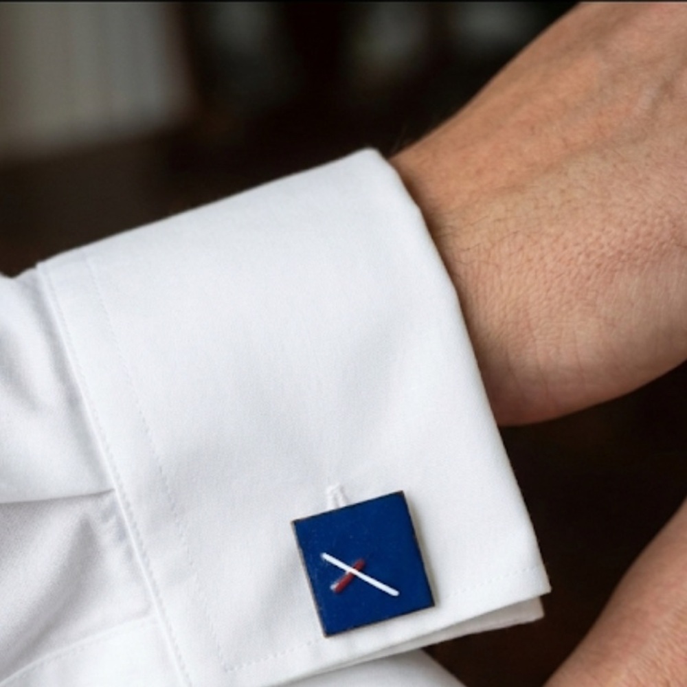 Vintage MCM blue Enamel Square Cufflinks with Red and White Accent abstract art